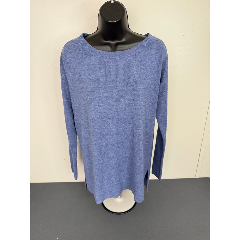 Loft Sweater Women 1X Blue Tunic Knit Side Slit Crewneck Long Sleeve